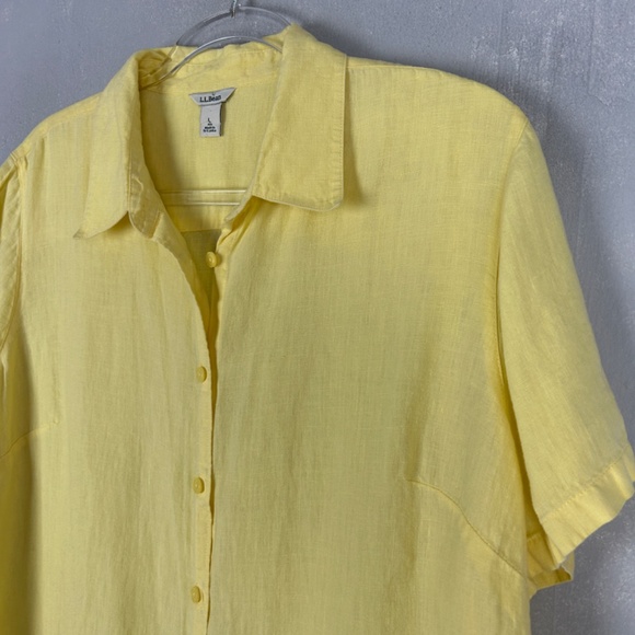 LL Bean women size L short sleeve button up top yellow 100% linen - Picture 4 of 10